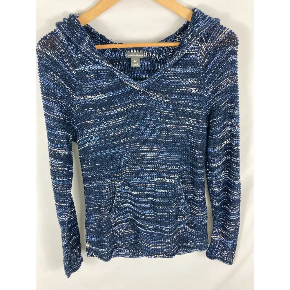 Eddie Bauer Blue V Neck Hooded Loose Knit Sweater Womans Small